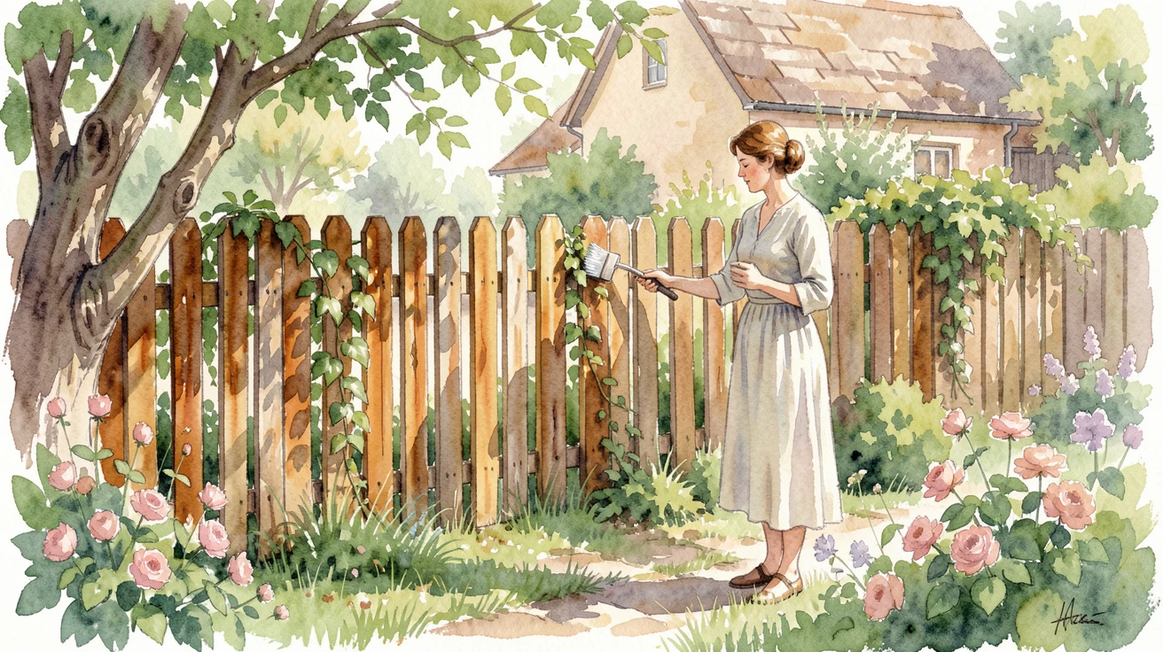 A woman staining a garden fence in a cottage garden in a peaceful, unhurried moment.