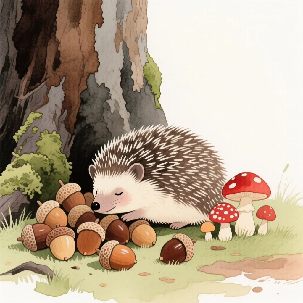A hedgehog curls beside a small pile of acorns and mushrooms at the base of an old oak tree