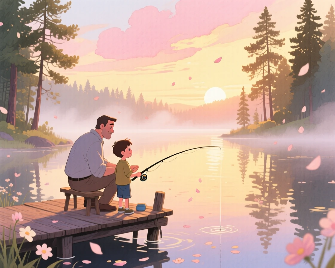 A father and son fishing off a wooden dock as the sun rises, in a misty lake surrounded by pine trees, with flower petals drifting through the air, a quiet moment of connection and teaching.