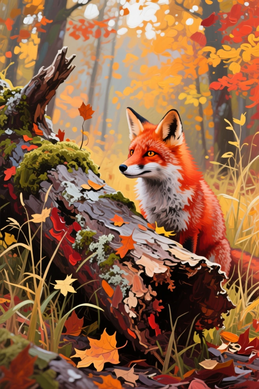 a fox watching from beside a fallen log, during the first days of autumn, composed along a natural leading line.