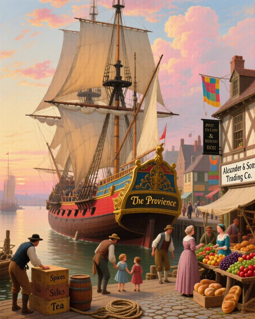 A merchant galleon sails into port as the town bustles along the docks.