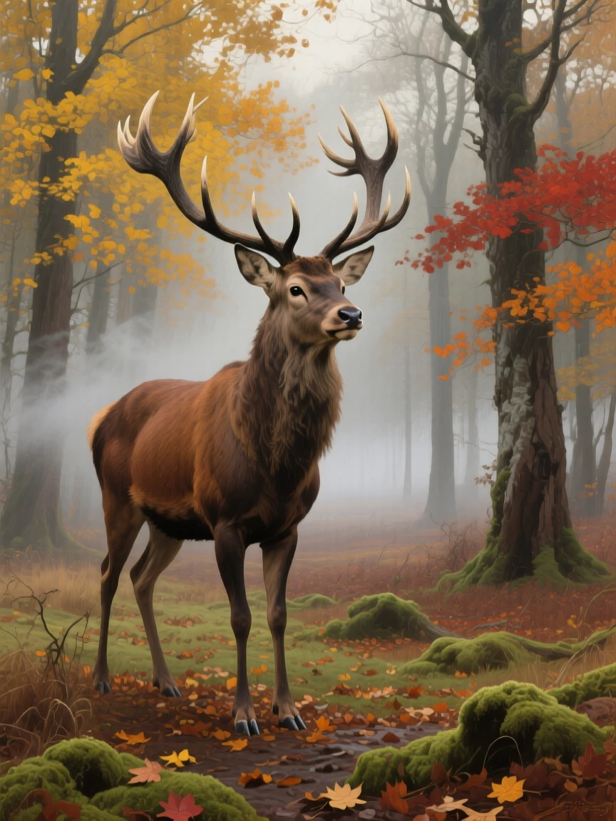 A majestic stag standing proudly in a misty autumn forest clearing, muscles tensed with powerful, controlled grace, evoking deep respect for the power and grace of nature