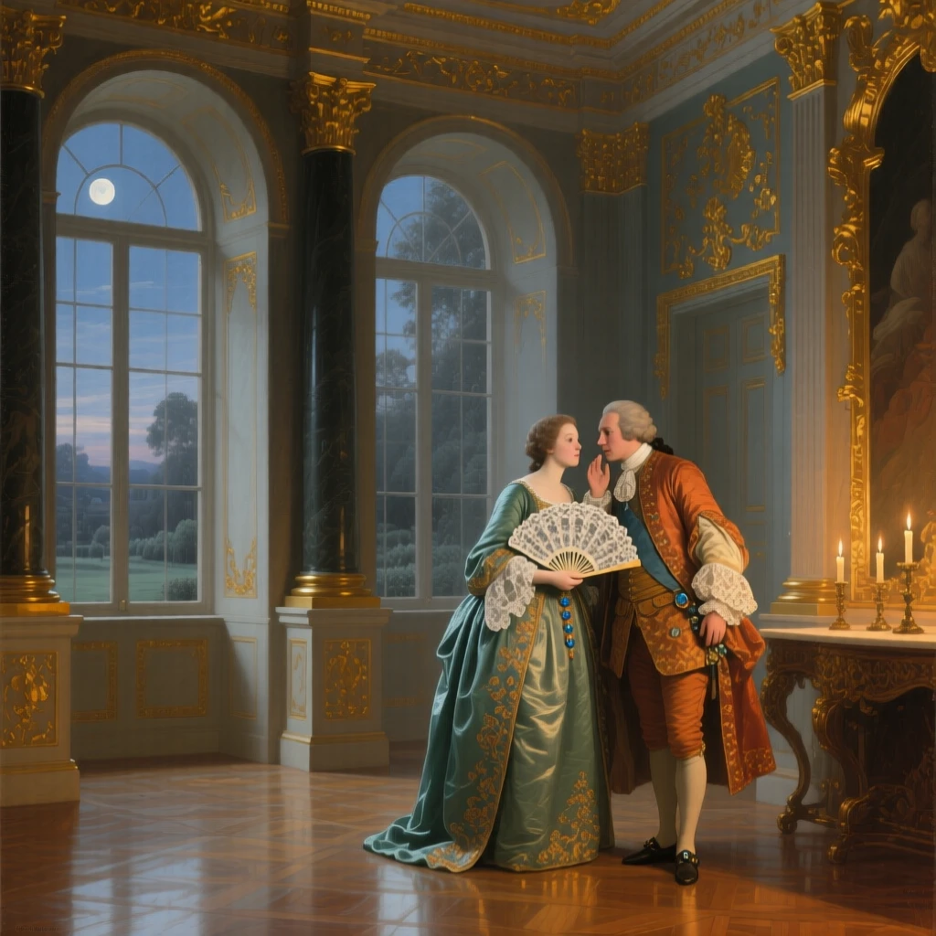 Courtiers whispering behind fans in a royal antechamber as candlelight flickers across polished floors, set within a private chapel adorned with gold leaf, with tall windows revealing a moonlit garden beyond; rich architectural framing lends grandeur without crowding the figures, filled with quiet ceremony and inherited dignity.