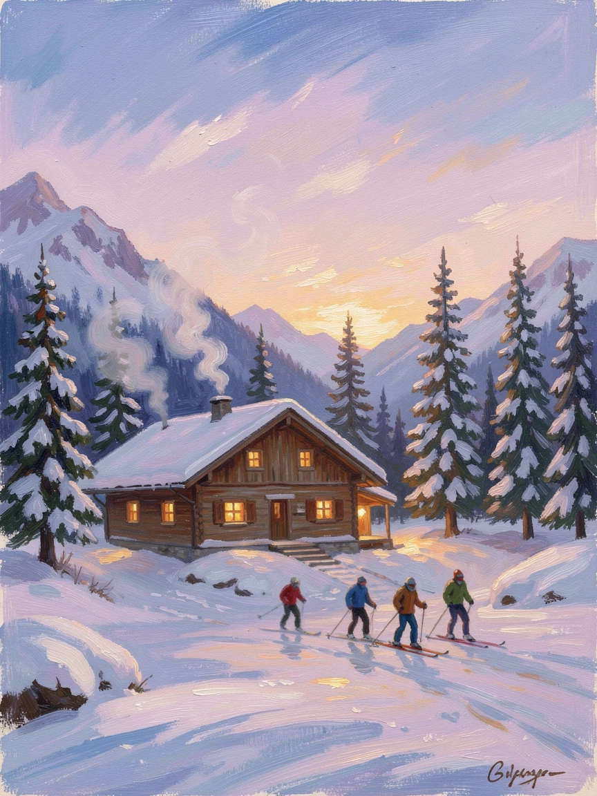 A rustic mountain refuge in the Alps, smoke curling from the chimney as skiers pass by at dusk.