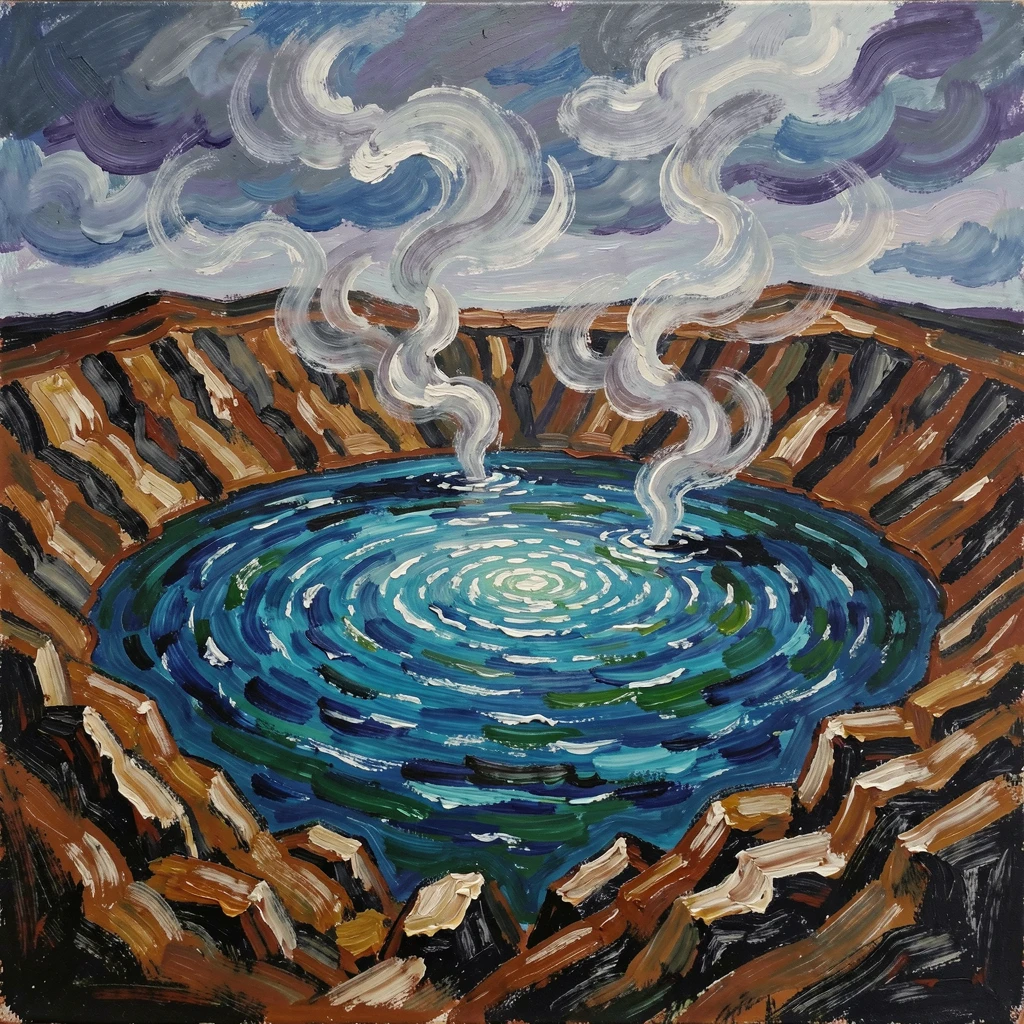 A dramatic volcanic crater lake, steam rising gently from the mineral-blue water.