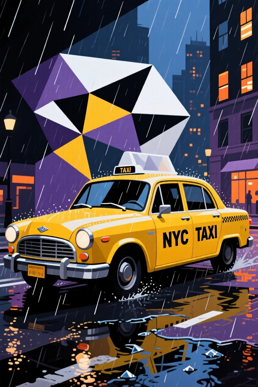 A classic yellow taxi navigating a rain-soaked city street at night.