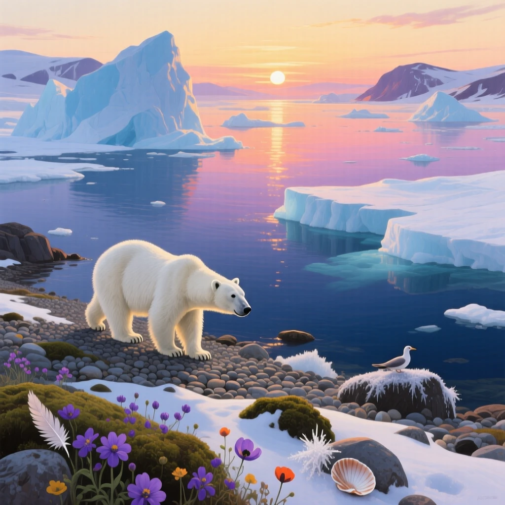A remote arctic coastline in Svalbard shows massive icebergs drifting in still dark water, a polar bear walking along the shoreline under the midnight sun, the ground scattered with small natural details that reward a closer look.