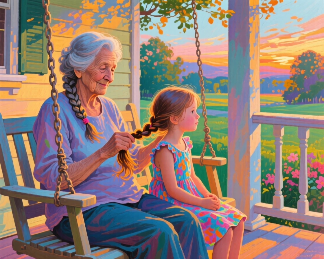 A grandmother braiding her granddaughter's hair on a porch swing during a warm summer evening