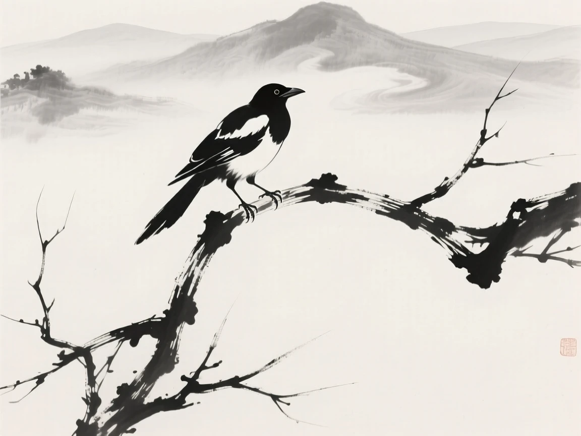 A magpie sits atop a bare winter branch, with distant mountains fading into the mist.