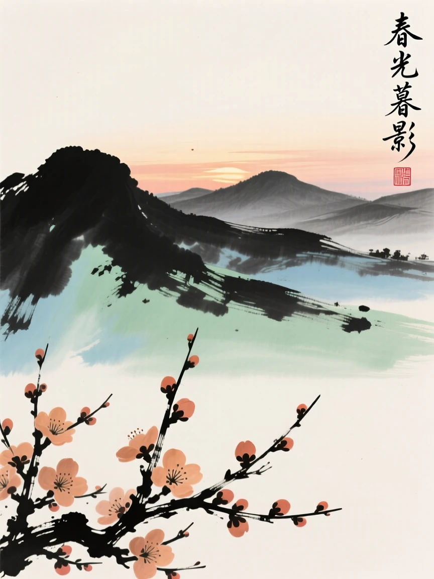 The last light of day fading behind a row of distant hills, as spring blossoms unfold.