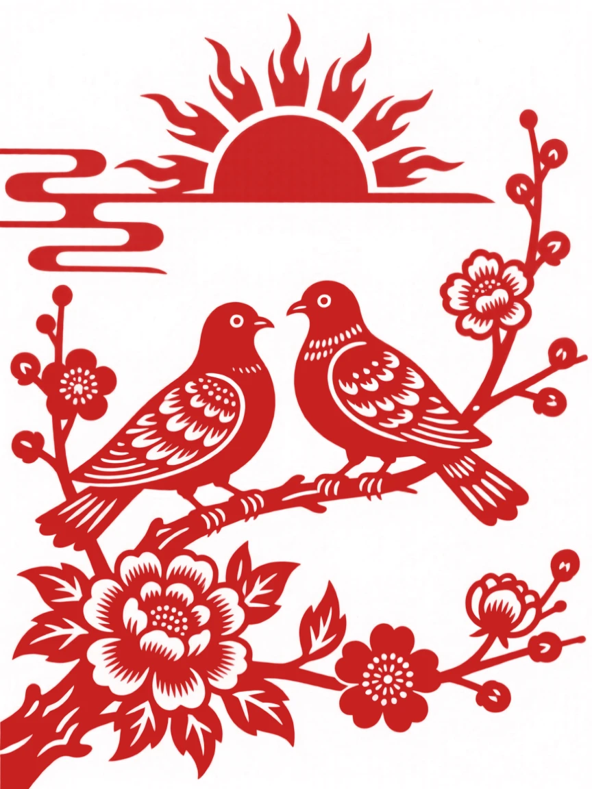 A pair of turtledoves, perched on a blossoming branch at first light, watched over by a rising sun in the distance.