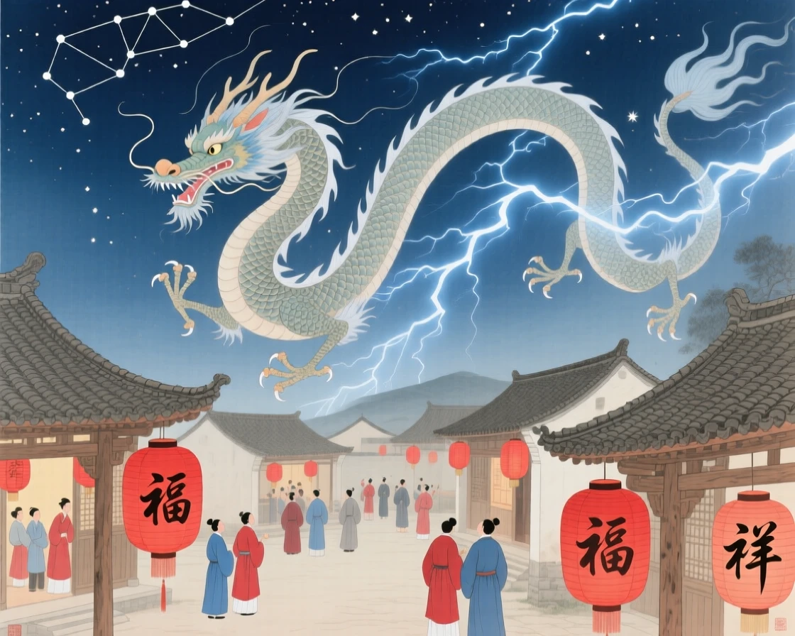 A thunder dragon crackling with faint lightning above a village during a starlit festival