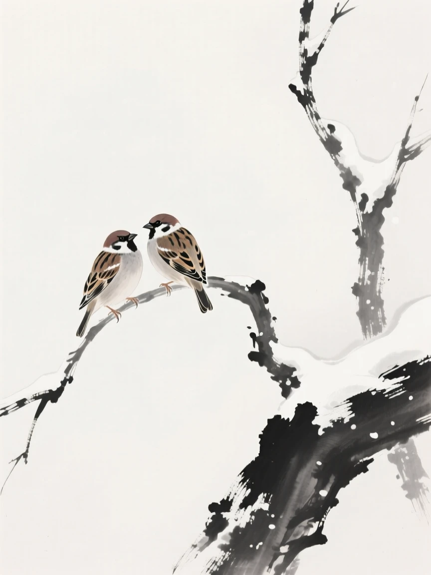 A sparrow perched together on a curved branch beside a snow-covered branch, positioned in one corner, leaving airy negative space, evoking grace, freedom, and quiet elegance.