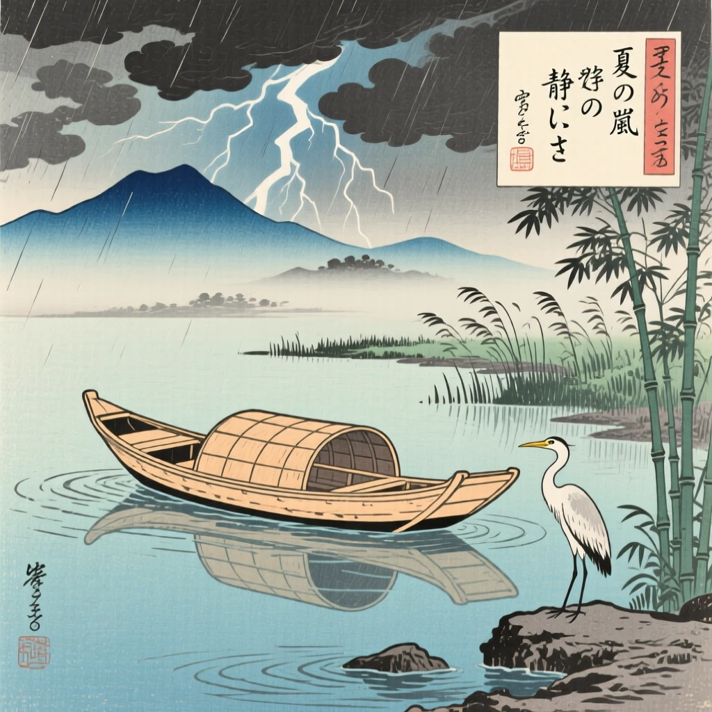 A small wooden fishing boat reflected in glassy calm water, during a summer storm.