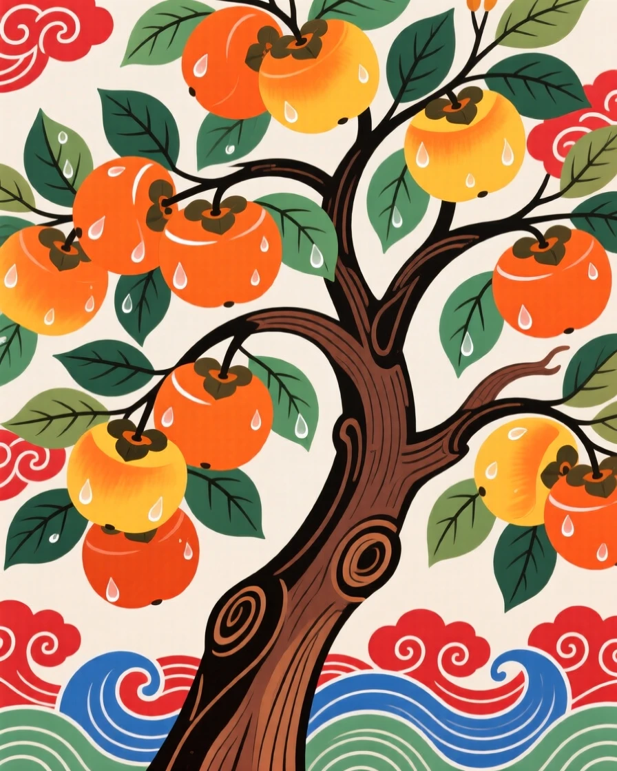 A persimmon tree heavy with orange fruit in morning dew.