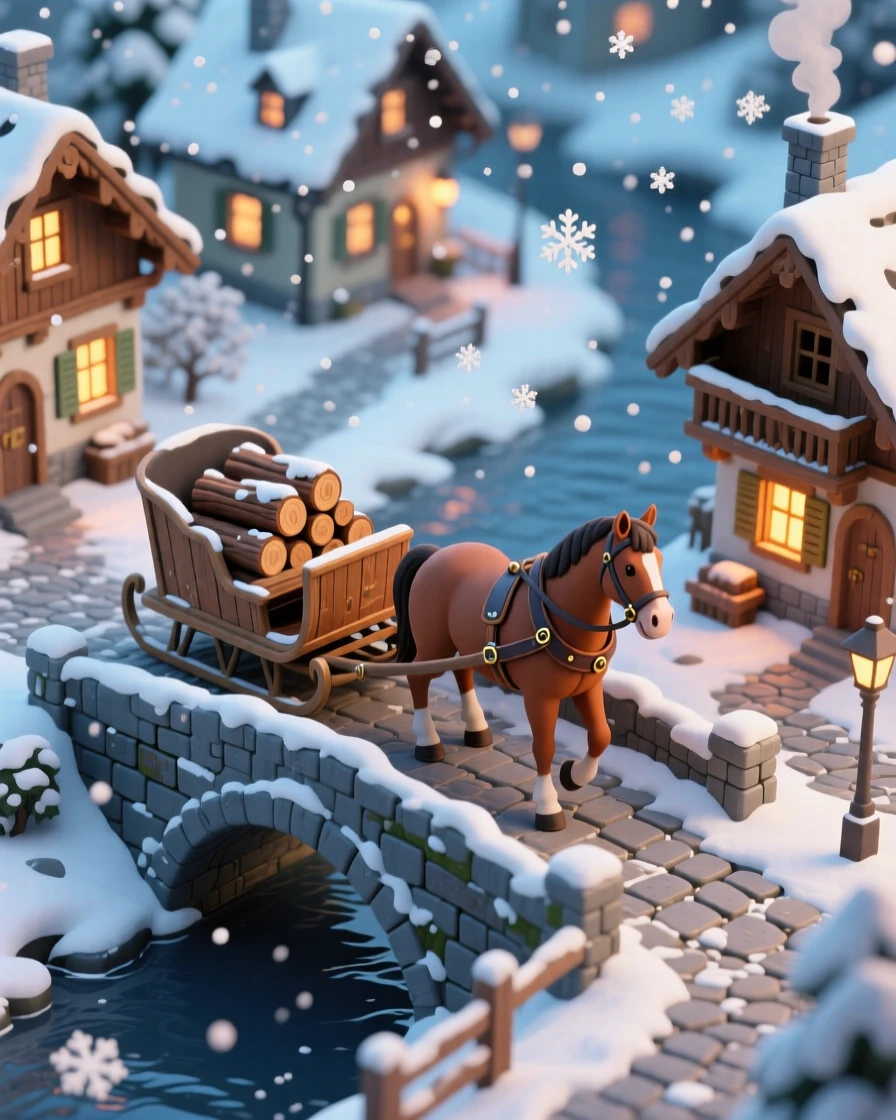 A miniature Austrian village during a snowstorm, with a horse-drawn sleigh crossing a stone bridge and warm light glowing from every chalet window.