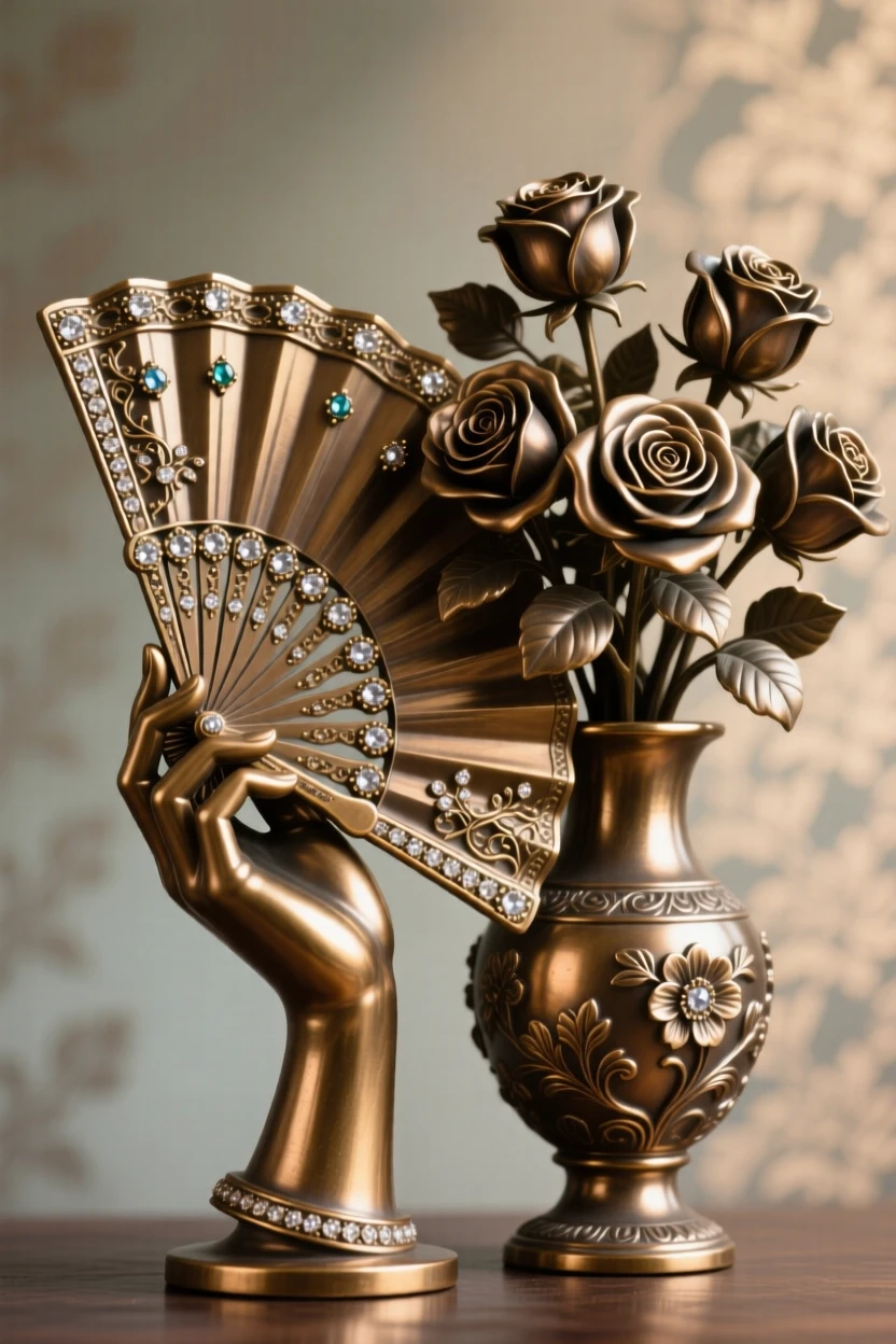 A jeweled hand fan resting beside a vase of roses, set against a soft, elegant background, radiating elegance and refinement