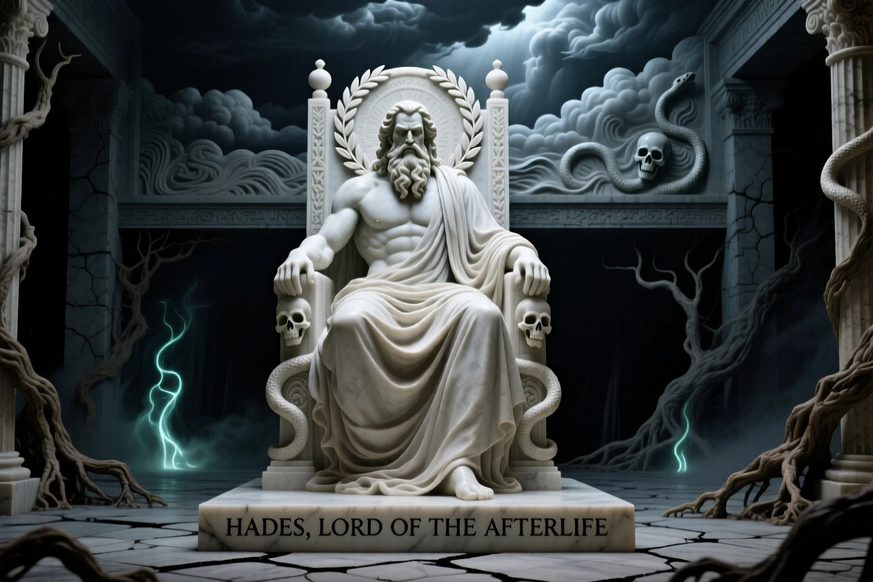 Hades enthroned in a shadowy underworld hall, framed by dramatic storm clouds, radiating power and legend