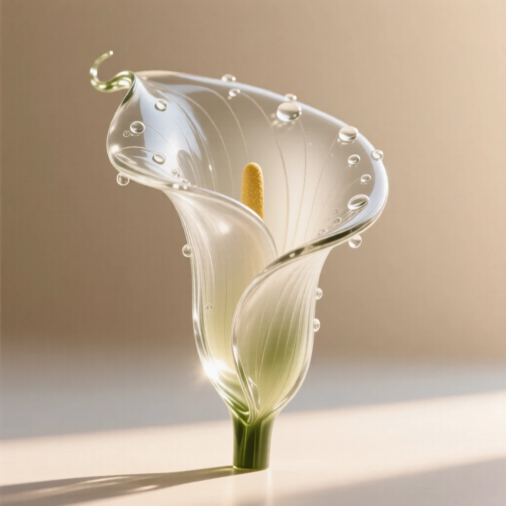 A single calla lily, backlit by soft morning sunlight, dew drops clinging to the petals, composition centered and intimate, evoking freshness and calm.