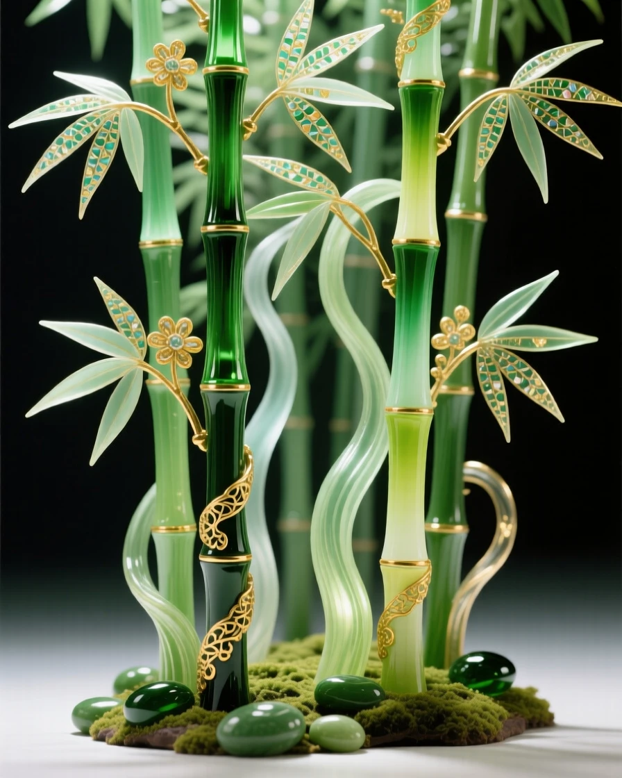 A dense bamboo forest with sunlight filtering through in soft green shafts, tranquil and meditative.