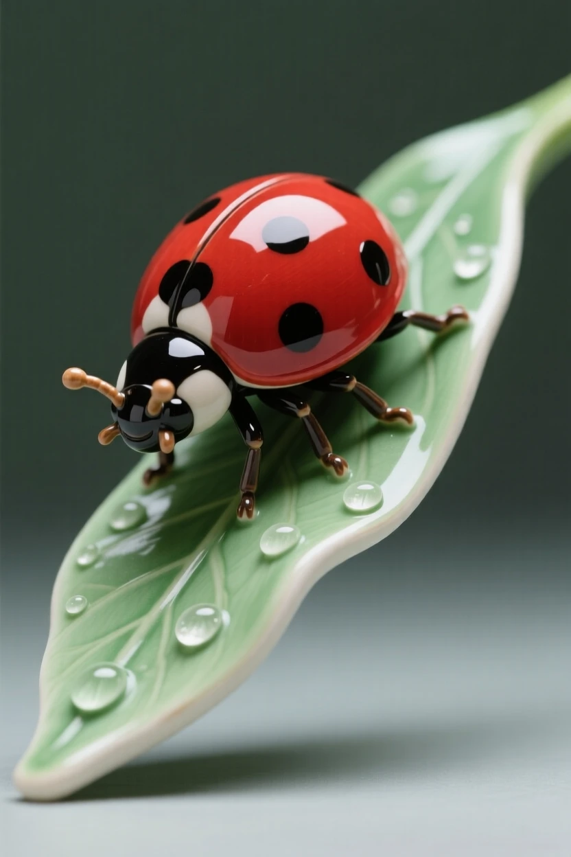 A ladybug crawling along a green leaf perched gracefully in a moment of stillness, glistening with a light morning dew, evoking lightness, freedom, and grace.