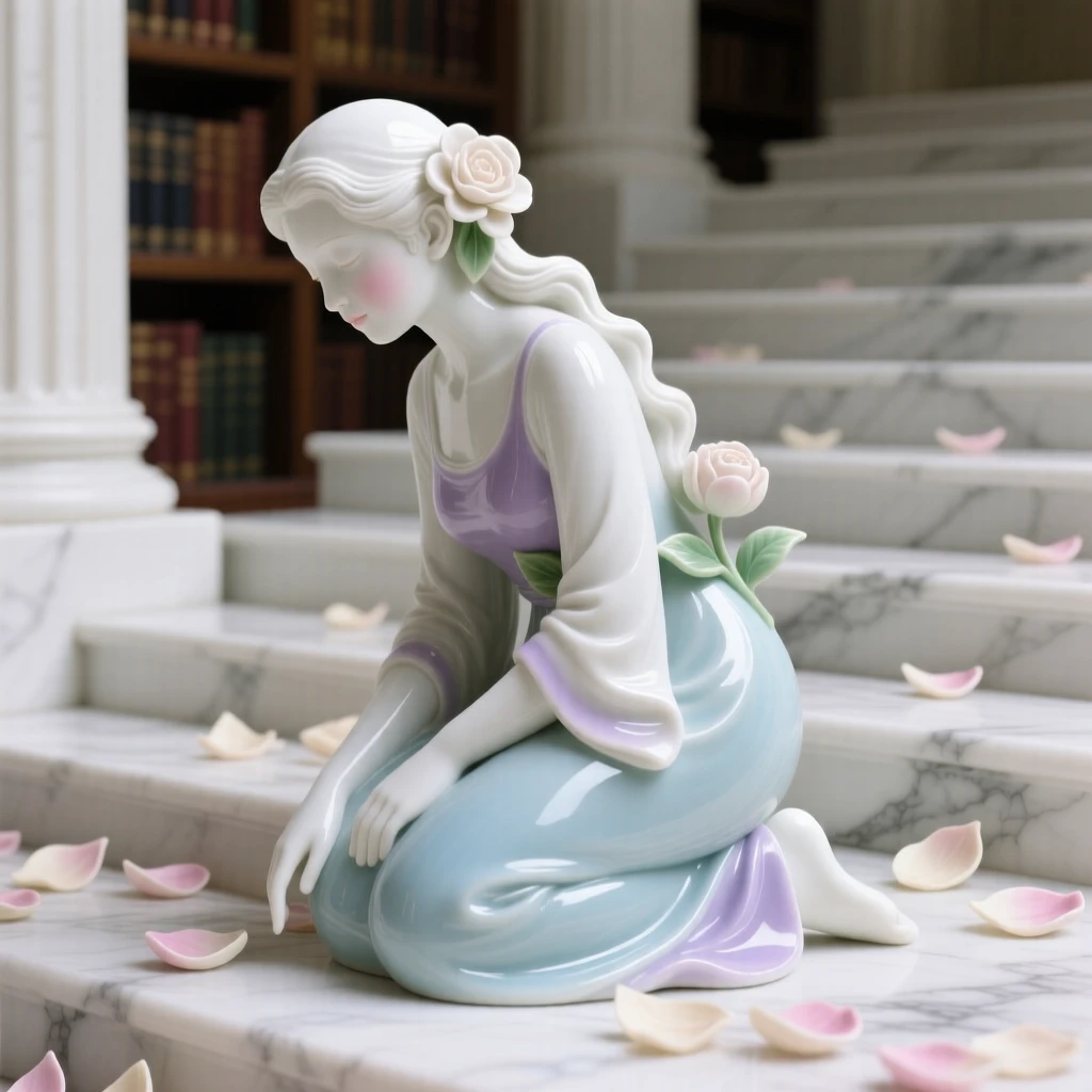 A elegant musician kneeling among fallen petals in the steps of a grand library, a single flower tucked behind her ear.