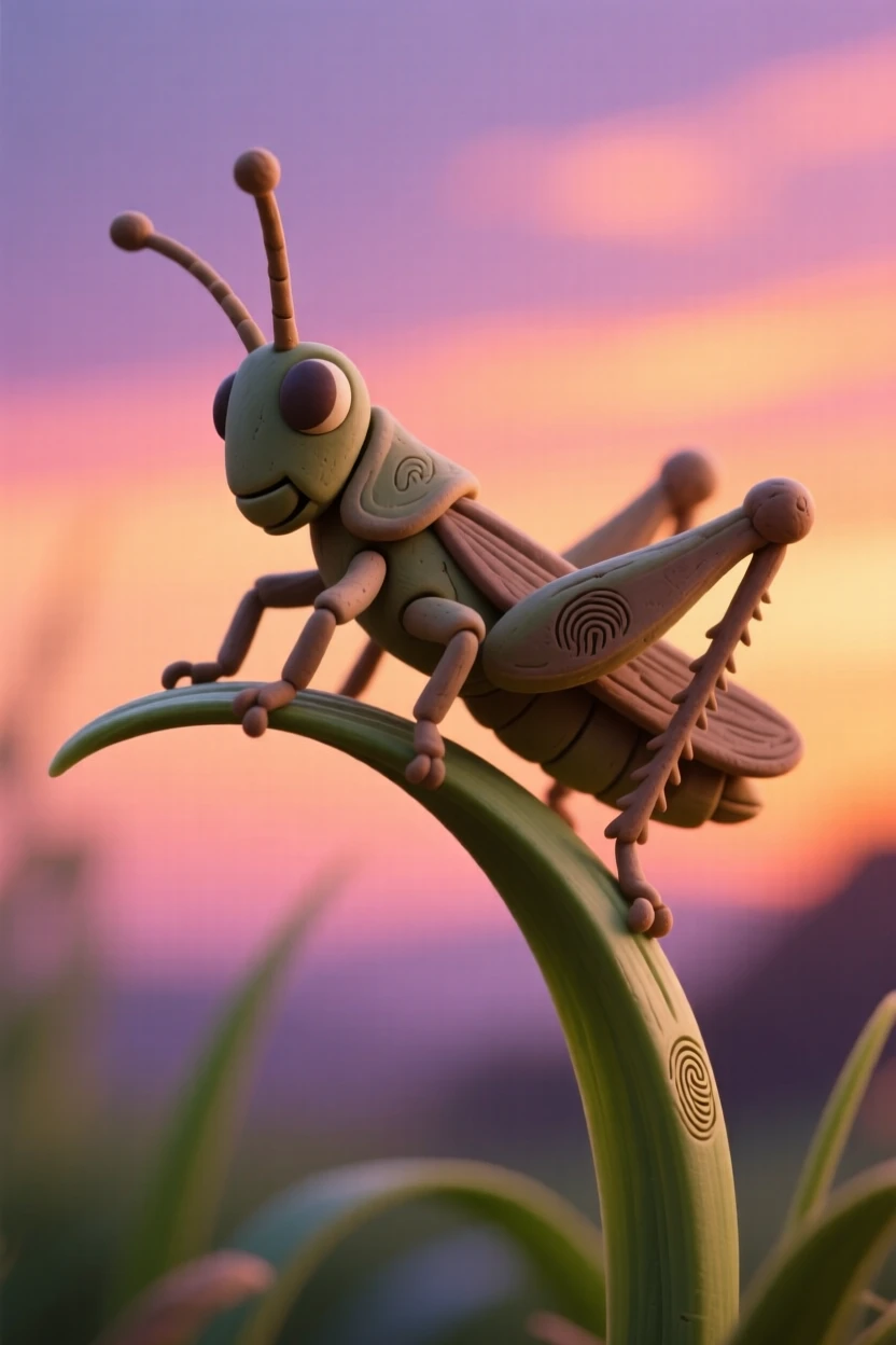 A grasshopper perched on a blade of grass silhouetted against sunset
