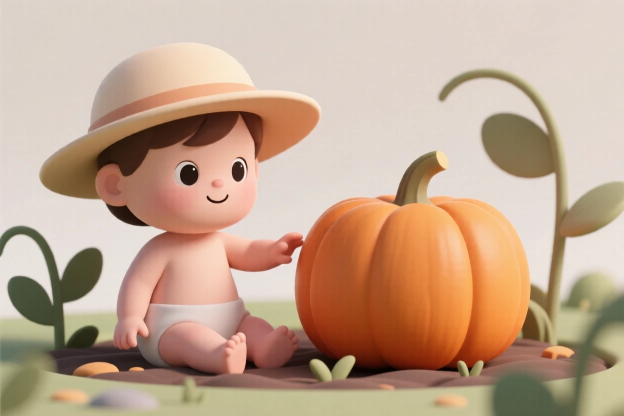 A baby girl in a sunhat sits in a garden patch, reaching curiously toward a fat orange pumpkin twice her size.