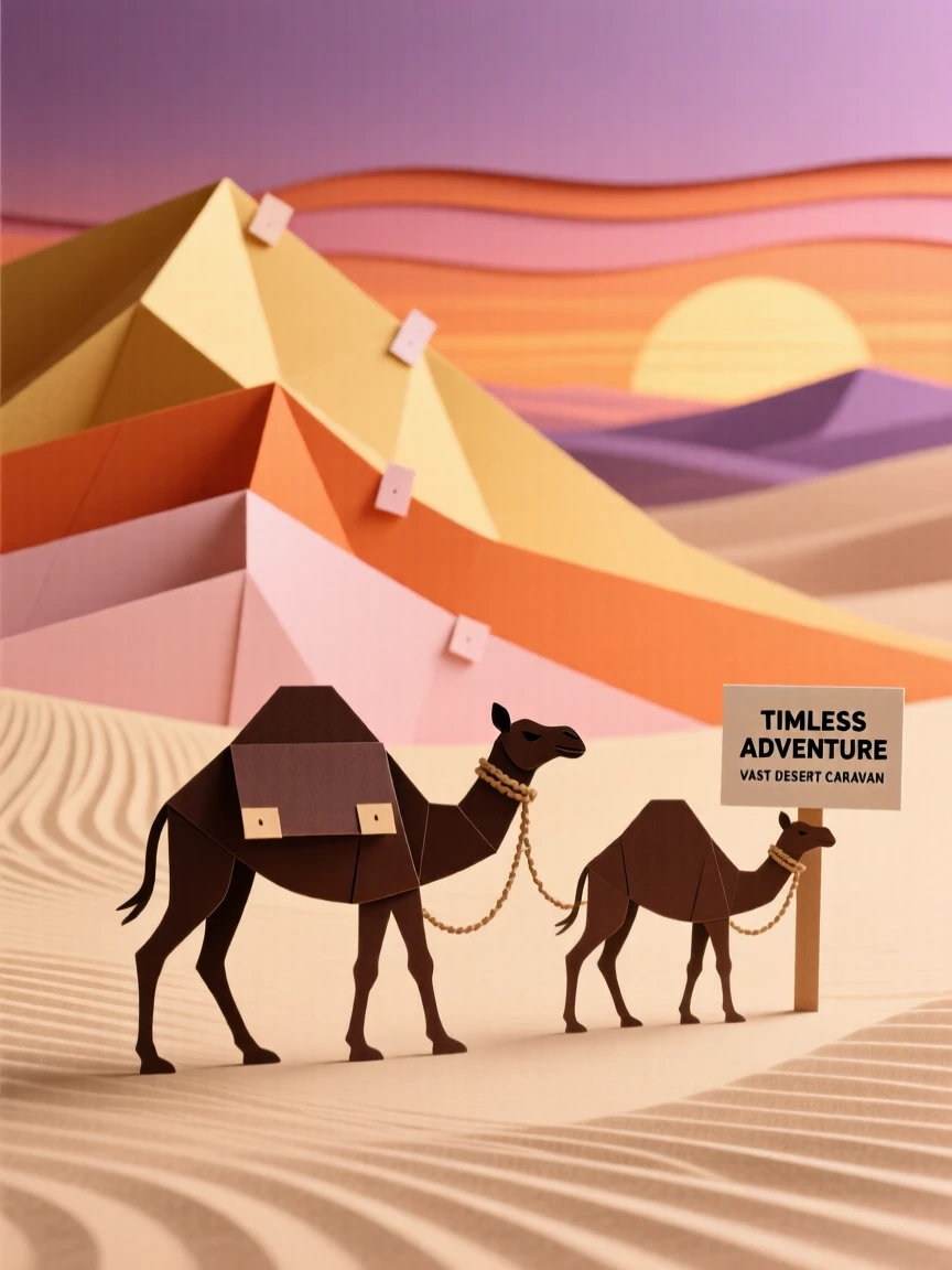 A vast desert landscape with a lone camel caravan silhouetted against towering sand dunes at sunset, evoking timeless adventure and vastness.