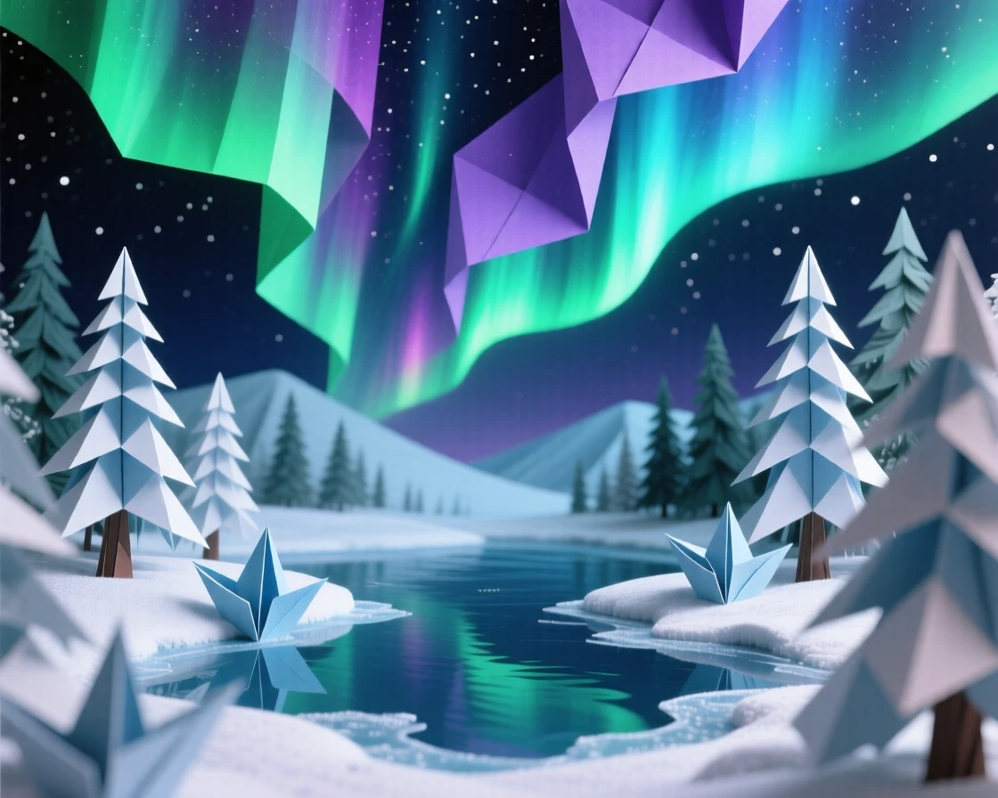 A frozen lake surrounded by snow-laden pines under a sky glowing with the northern lights.