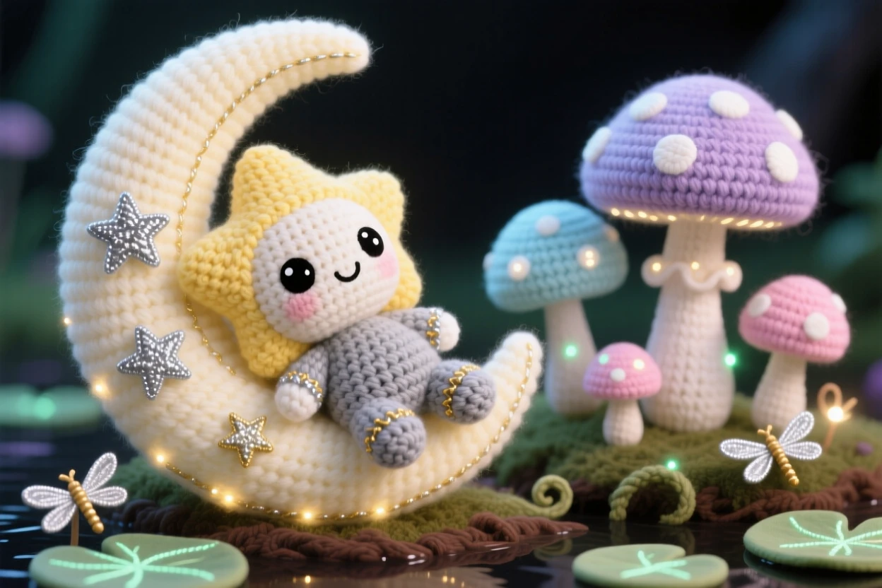 A charming portrait of a baby star spirit, with a small glowing body and twinkling limbs, resting on a crescent moon beside a cluster of luminous mushrooms in a quiet swamp dotted with glowing lily pads, conveying a warm, protective tenderness.