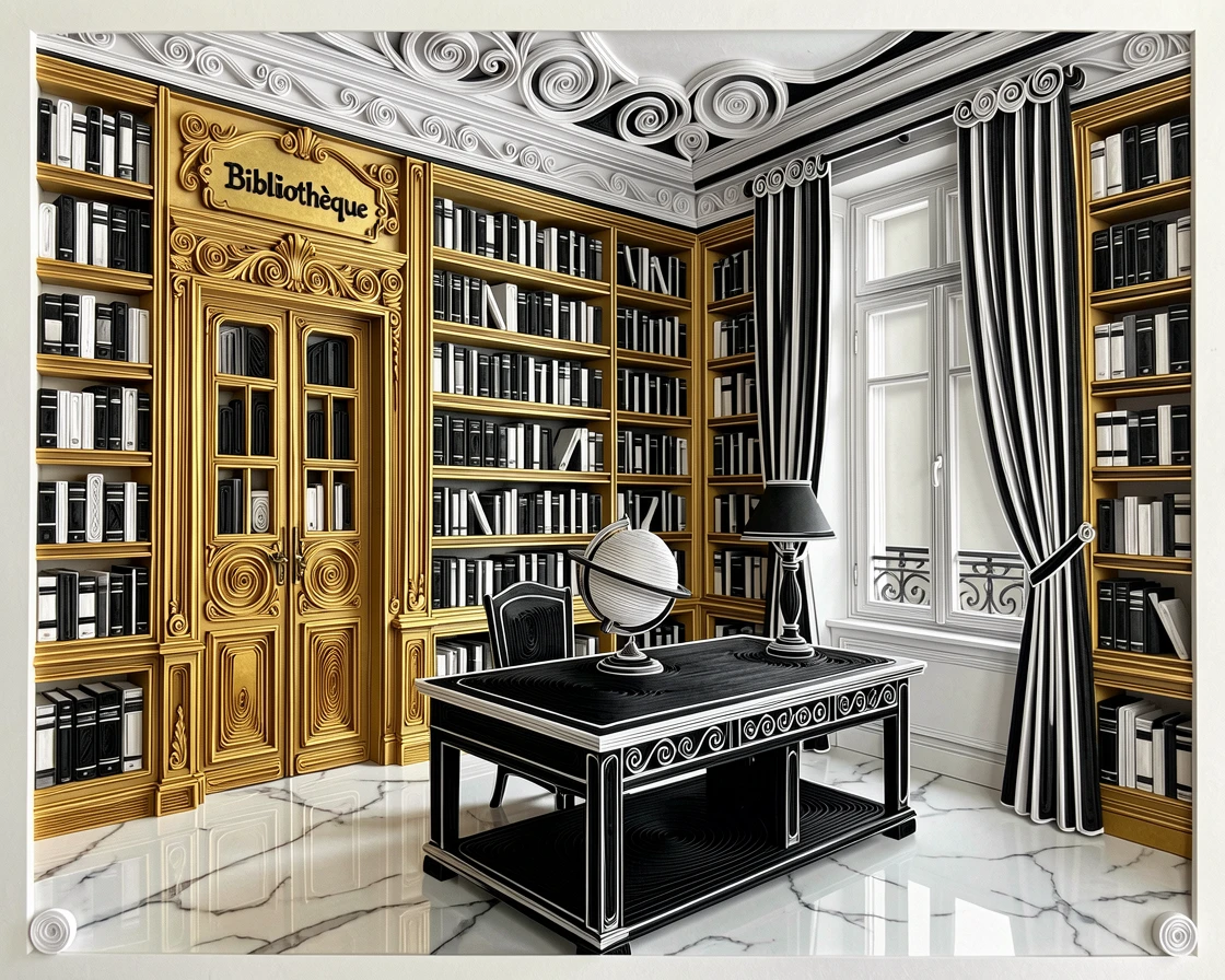 a grand library with floor-to-ceiling gilded shelves, in a chic Parisian apartment, composed with glossy reflective surfaces throughout, in classic monochrome black and white.