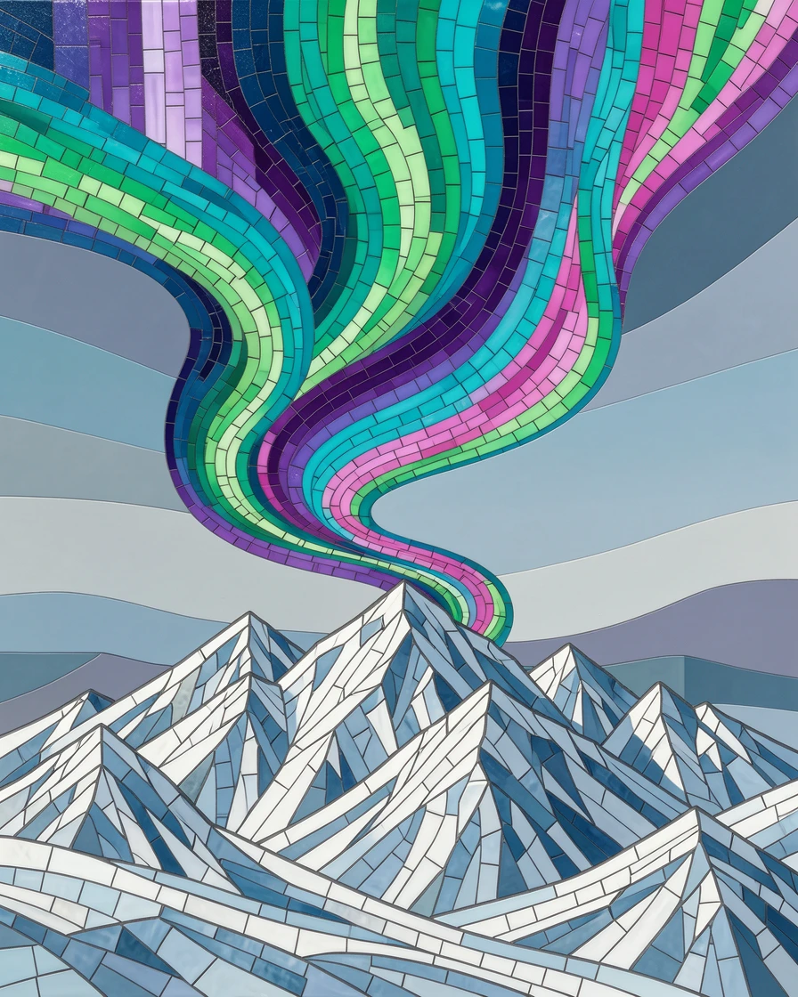 A vivid aurora borealis dancing over a snow-covered mountain range.