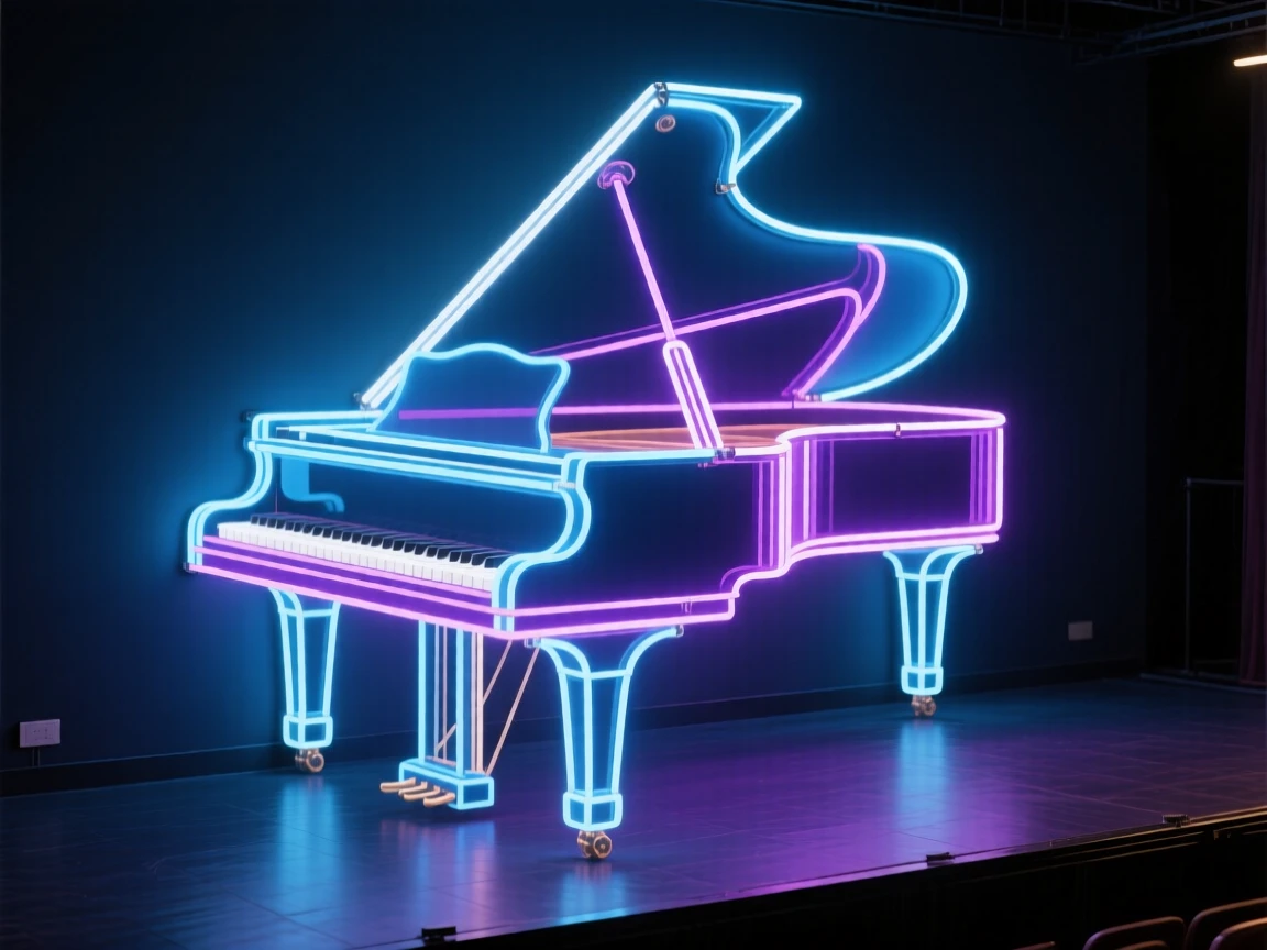 A grand piano standing alone on an empty concert stage.