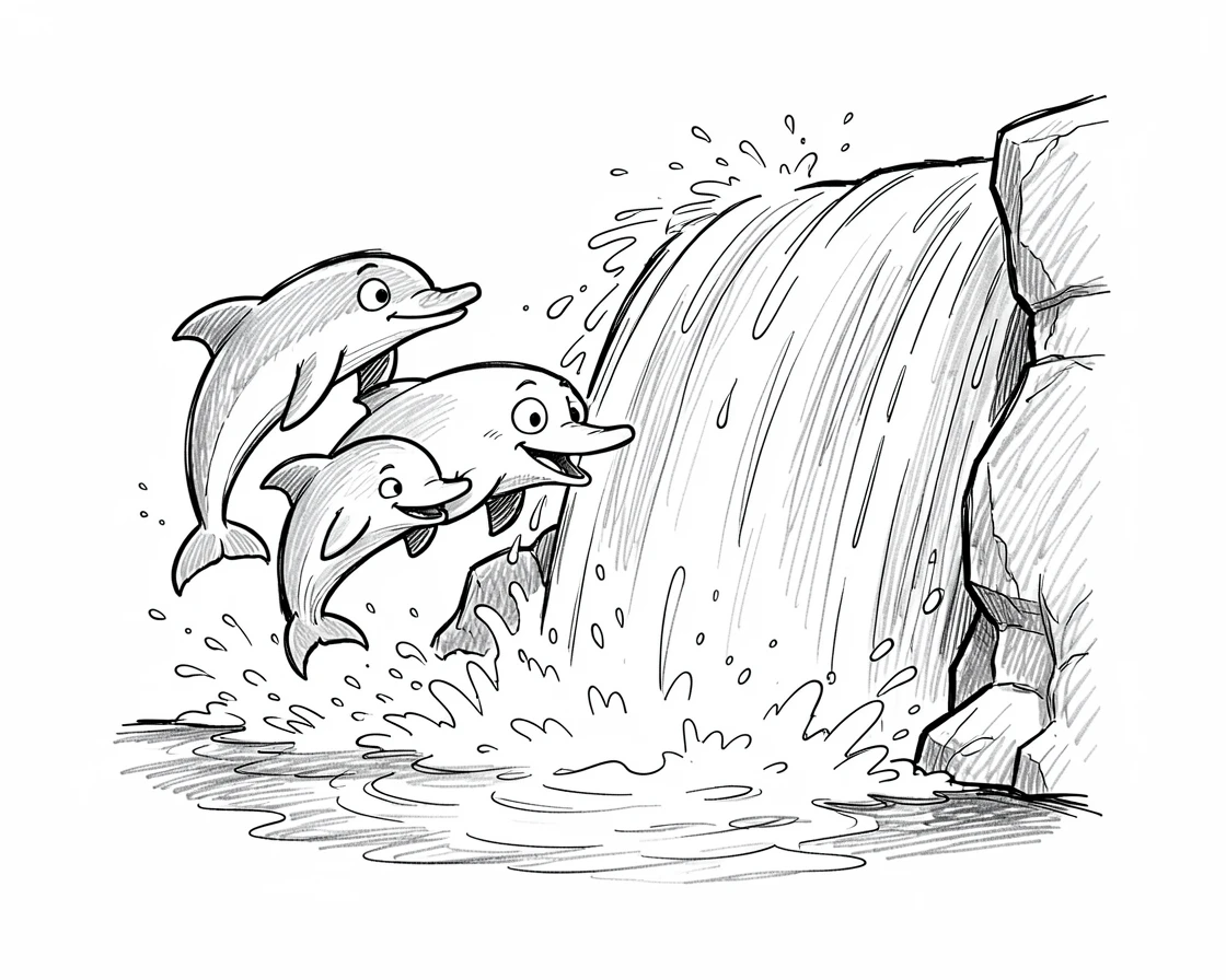 A pod of dolphins leaping near a sparkling waterfall.