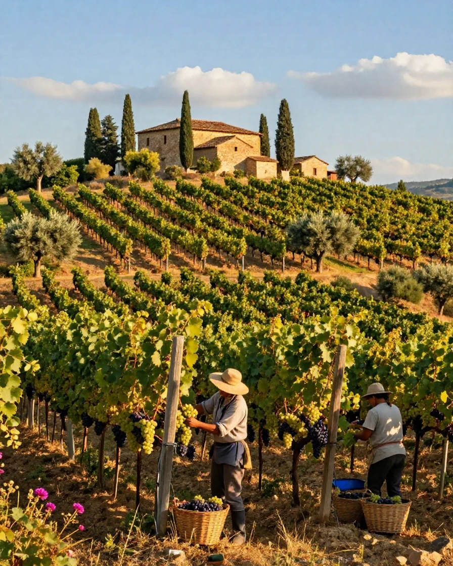 A vineyard-covered hillside in Tuscany at harvest time