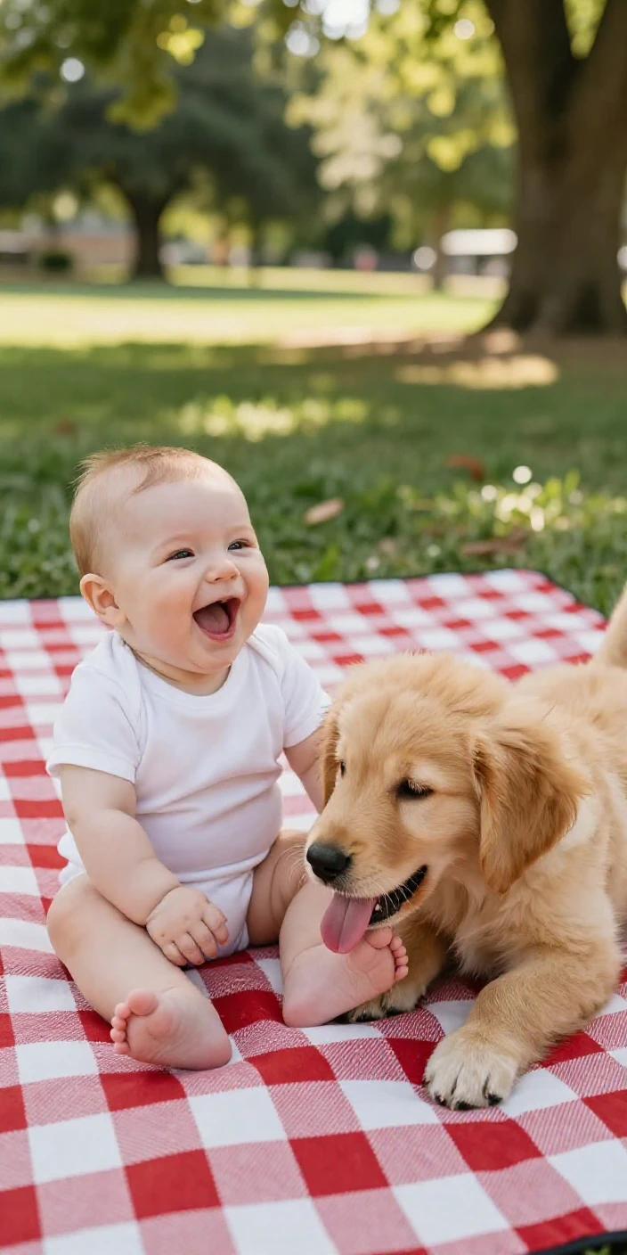 A baby giggles uncontrollably as a puppy licks his bare feet on a picnic blanket.