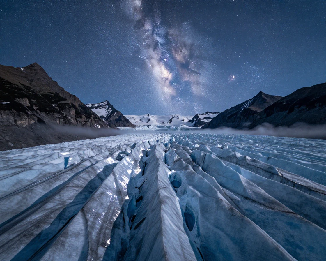 A vast glacier stretching toward distant peaks under a sky full of stars