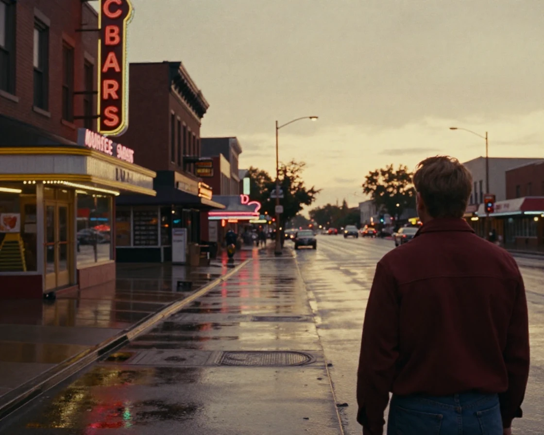 Neon signs reflecting off wet pavement on a rainy city street, under soft golden-hour light, in crisp, dry air, as summer fades into fall, with rich burgundy and gold accents, from behind, looking toward the horizon.