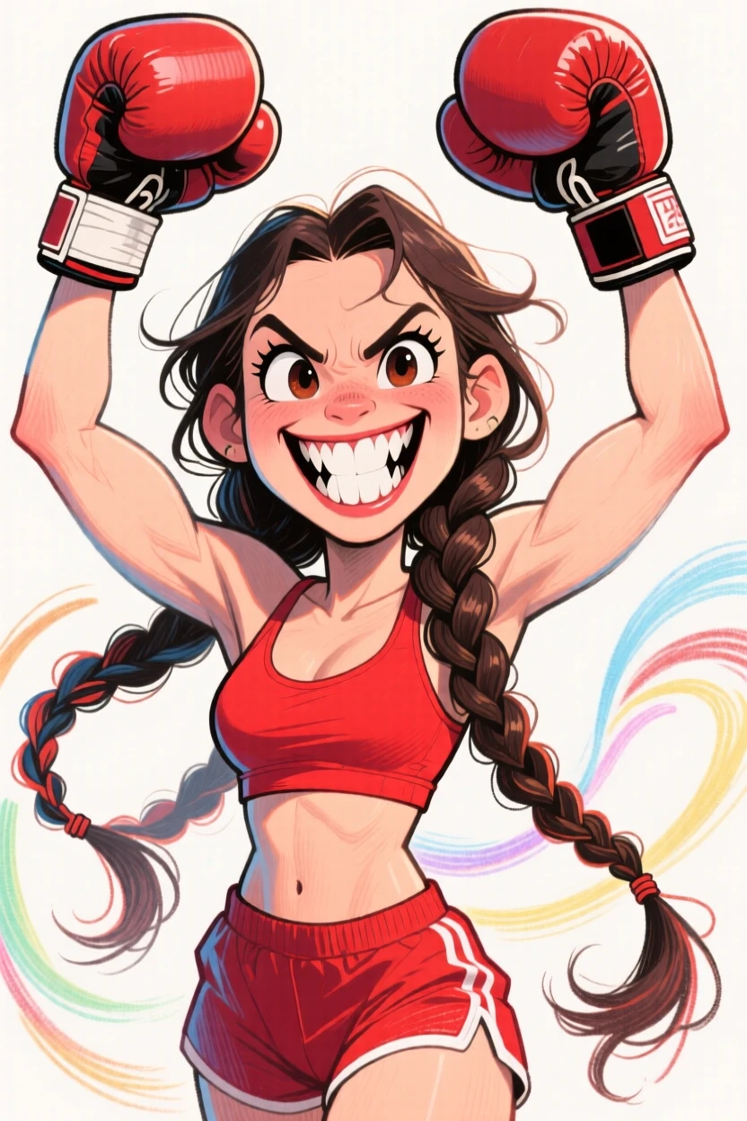 A bold fictional female boxer with braided hair, gloves raised in a victory stance.