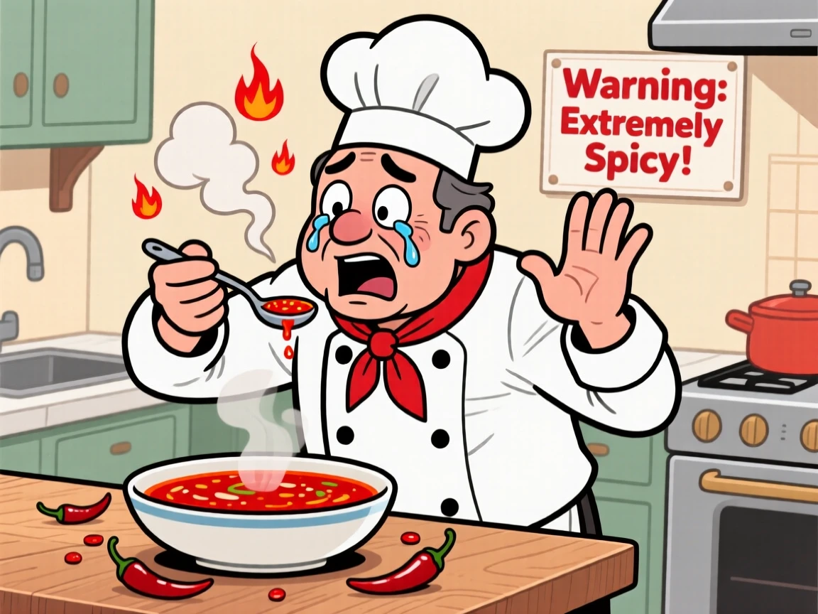 A funny expressive moment showing a chef tasting his own overly spicy dish, eyes watering and fanning his mouth frantically.