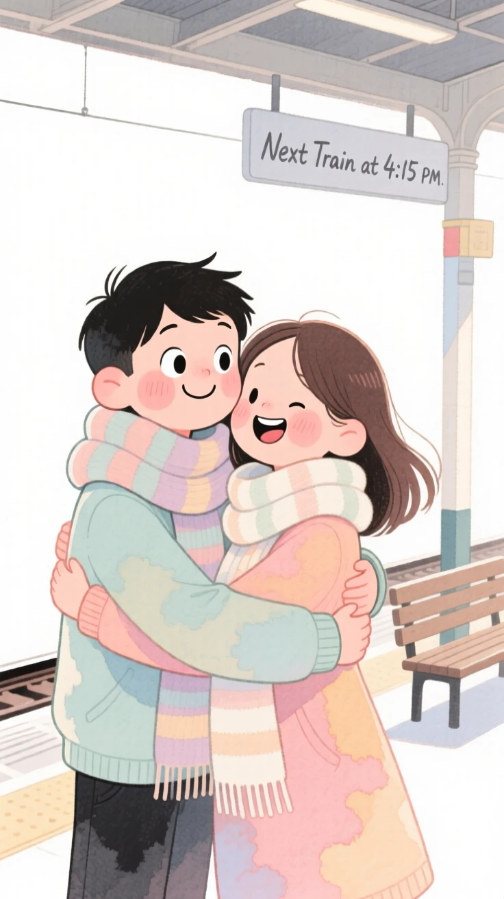 A couple wrapped in matching scarves exchanging a warm hug at a train station platform