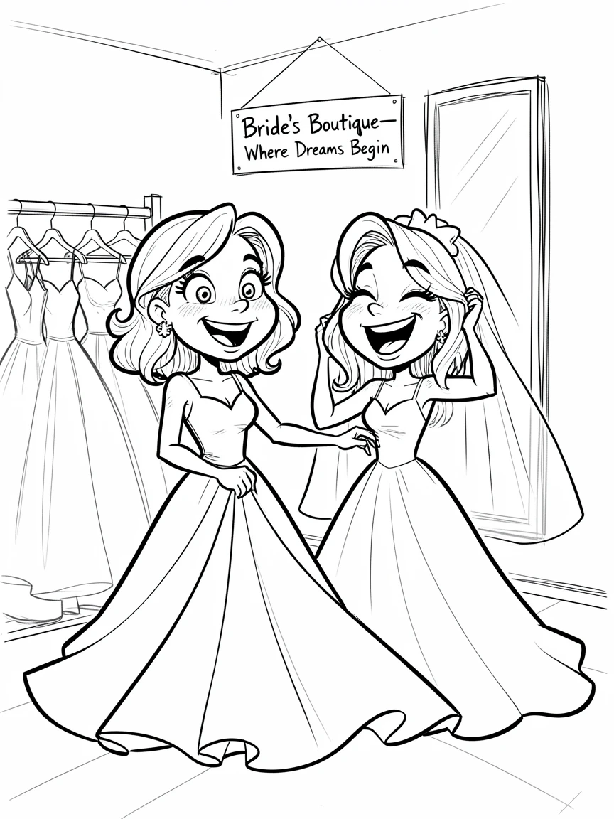 [Family & Relationship Moments] Heartwarming scene of sisters trying on wedding dresses and laughing in a bridal shop, radiating love and warmth