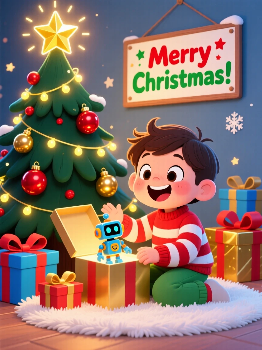 A child opening presents beside a glowing Christmas tree.