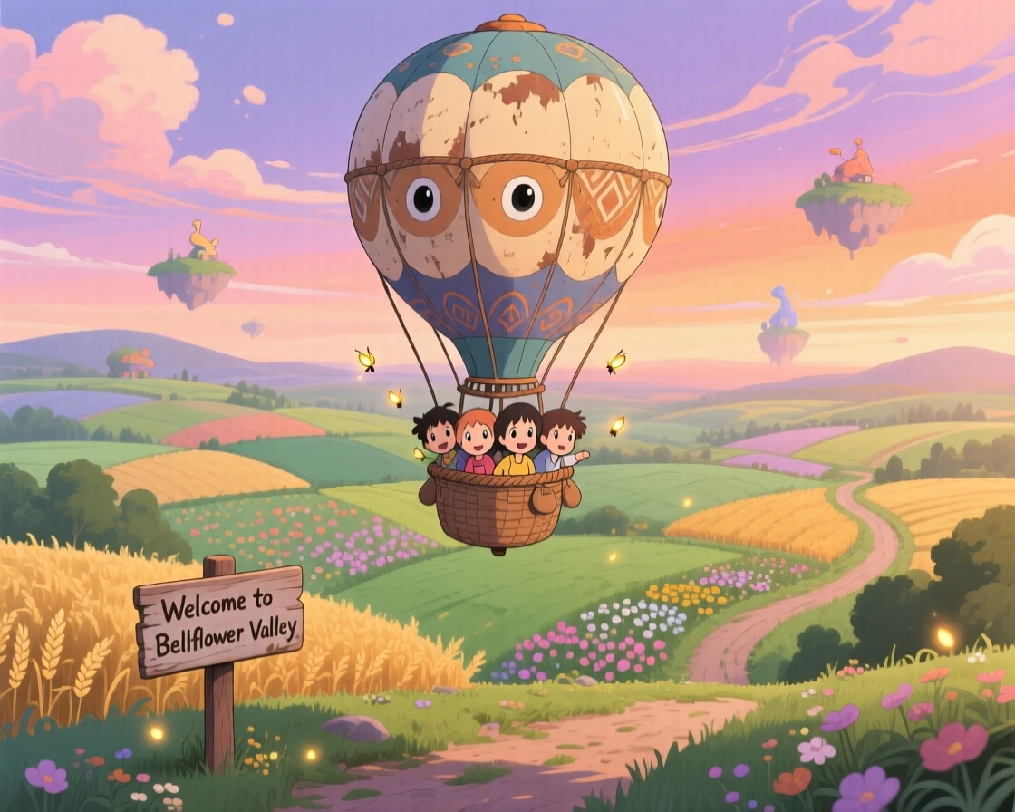 A charming scene of a hot air balloon drifting over a patchwork countryside, under a sky painted with warm colors.