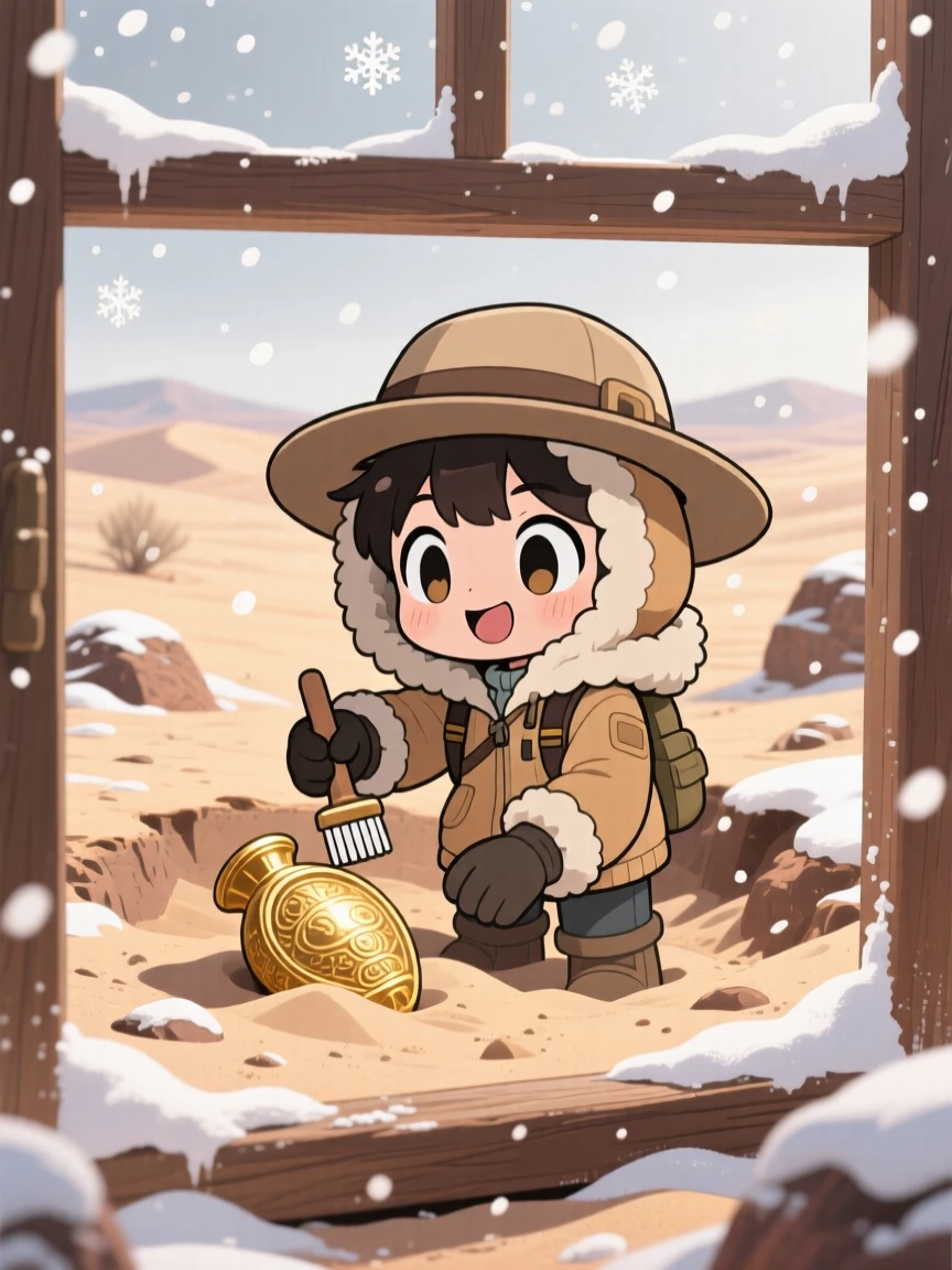 In a sun-baked desert dig site, a brave archaeologist is brushing sand off an ancient golden artifact during a cozy winter snowfall, bathed in diffused overcast light, expression full of bubbly enthusiasm. Shot as a framed through a window.