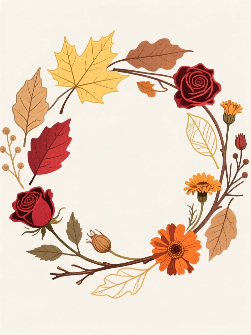 A wreath of autumn leaves and dried flowers.