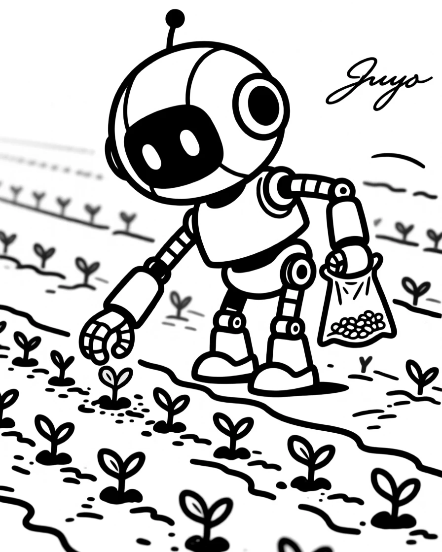 A small round robot gardener character planting seeds in neat rows.