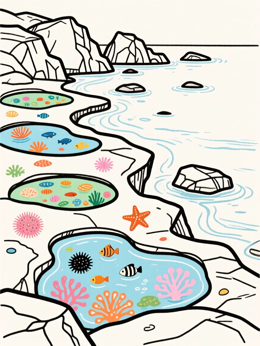 A rocky coastline with tide pools full of colorful sea life.