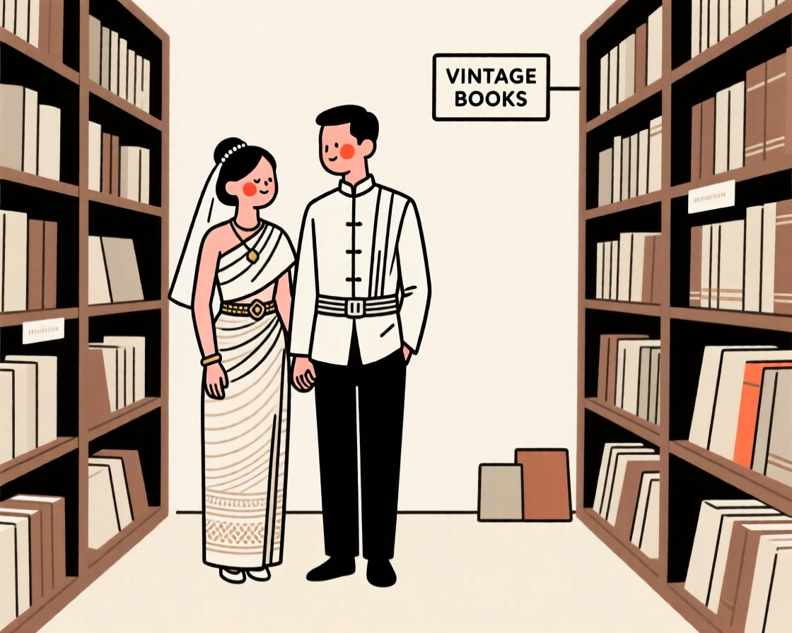 A bride and groom of Thai heritage, looking serene and at peace, inside a vintage bookstore.